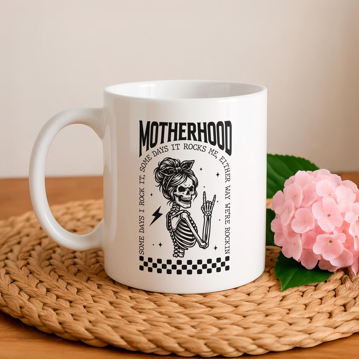 Motherhood Skull Mug, Rocker Mom Ceramic Cup, Edgy Mama Coffee Gift