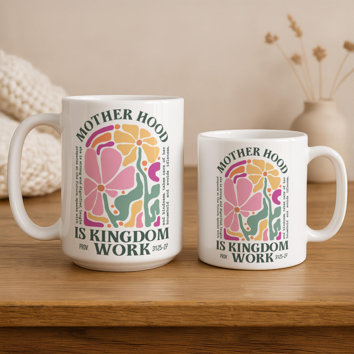 Motherhood Is Kingdom Work Mug, Christian Mom Coffee Cup, Floral Bible Verse Ceramic Mug