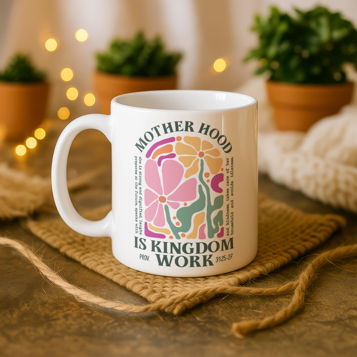 Motherhood Is Kingdom Work Mug, Christian Mom Coffee Cup, Floral Bible Verse Ceramic Mug
