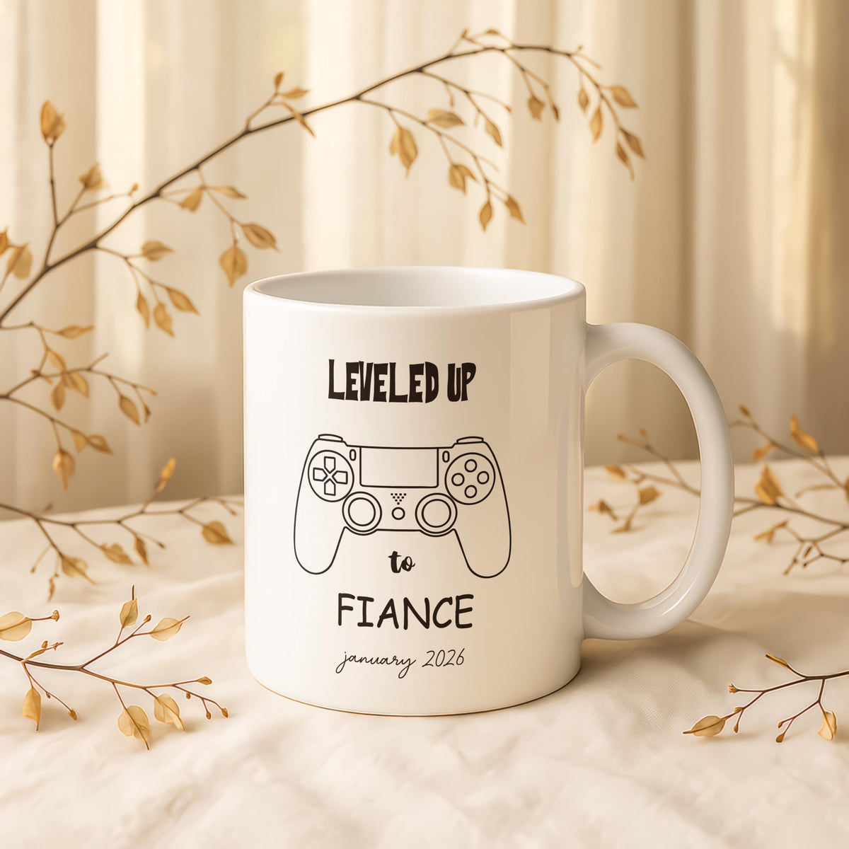 Leveled Up to Fiance Mug, Gamer Engagement Coffee Cup, Video Game Lover Gift
