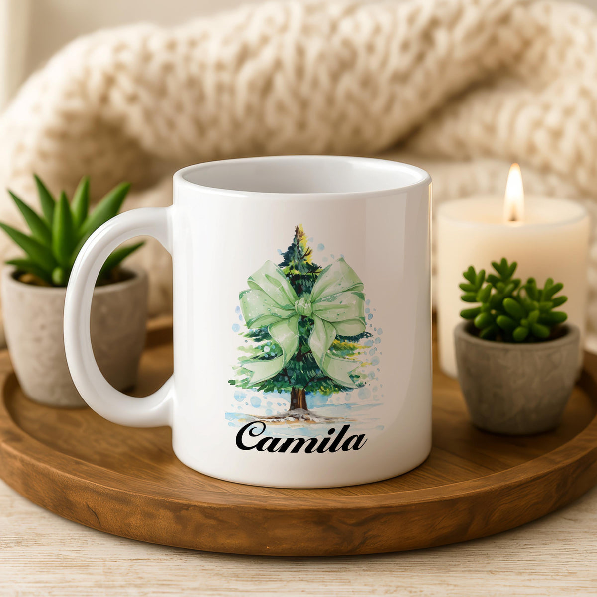 Personalized Christmas Tree Mug, Custom Name Coffee Cup, Festive Winter Pottery