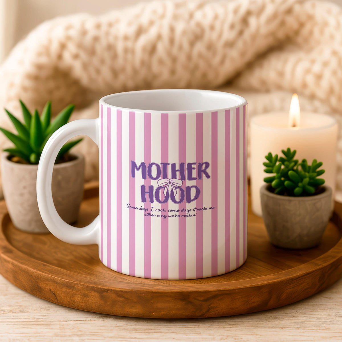 Motherhood Ceramic Mug, Pink Stripe Coffee Cup, New Mom Gift
