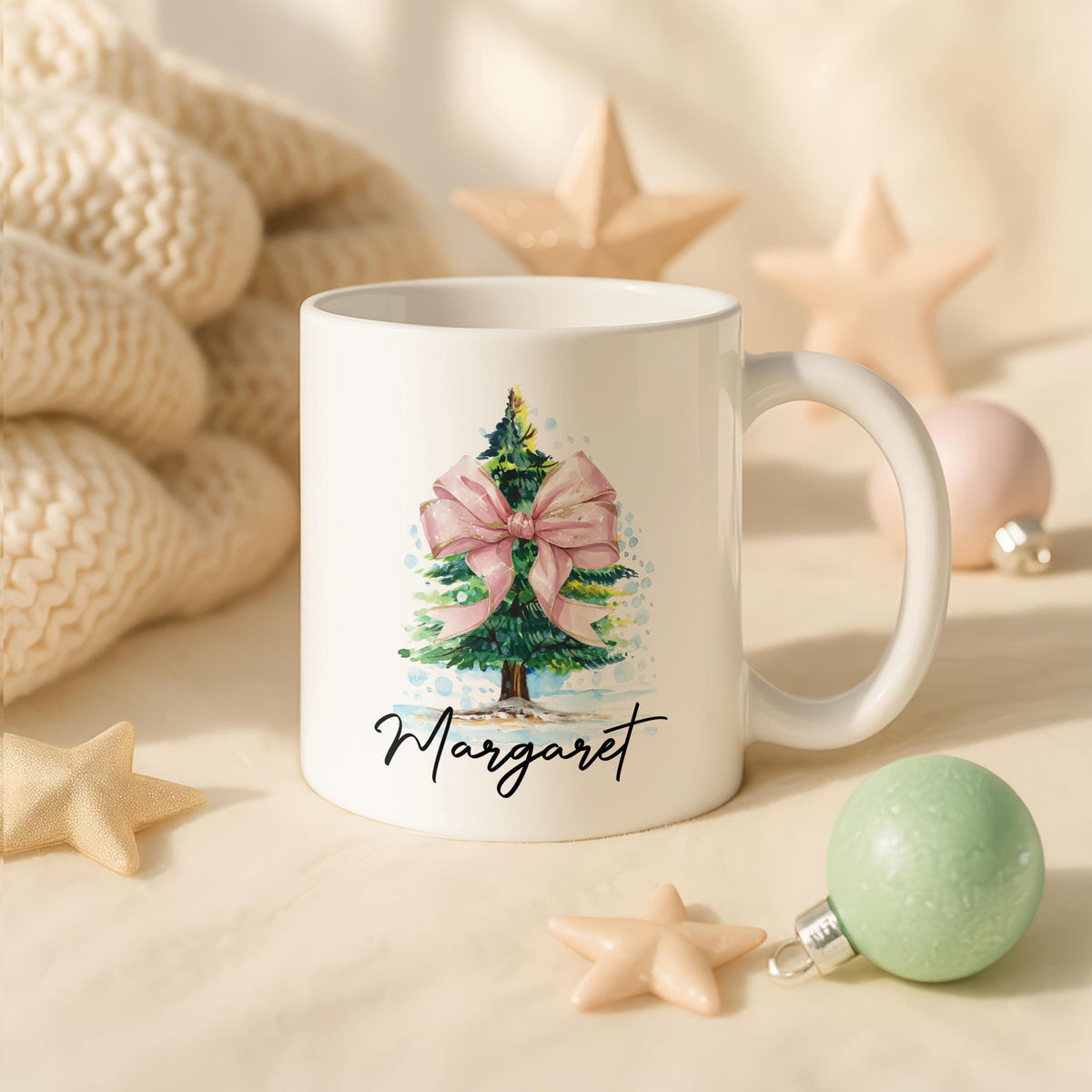 Personalized Christmas Tree Mug, Custom Name Coffee Cup, Festive Winter Pottery
