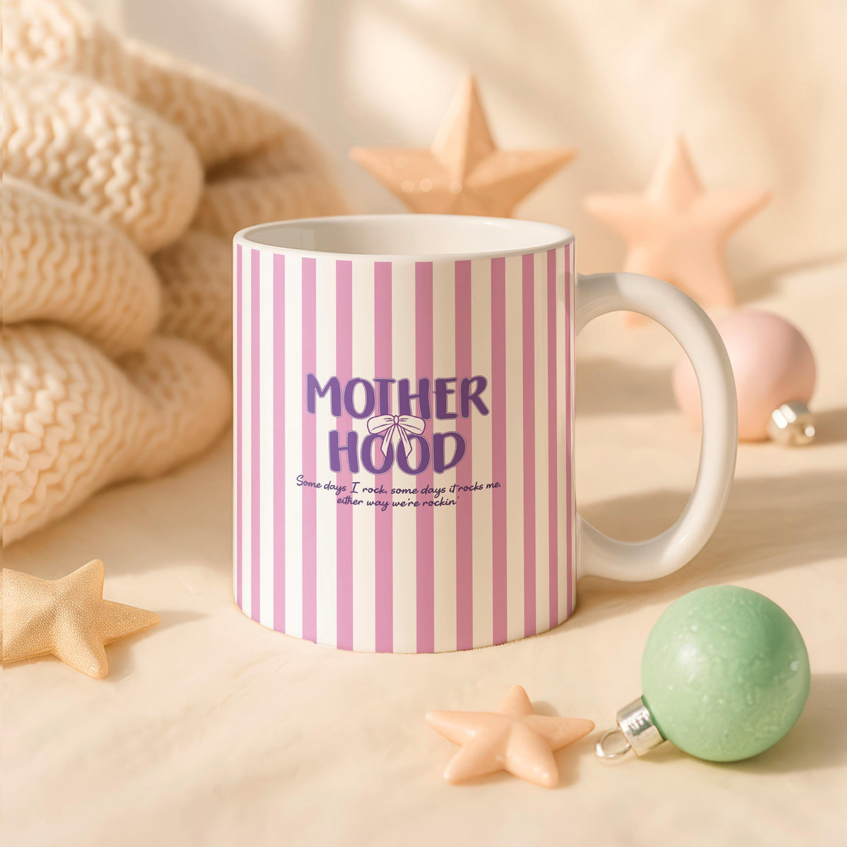 Motherhood Ceramic Mug, Pink Stripe Coffee Cup, New Mom Gift