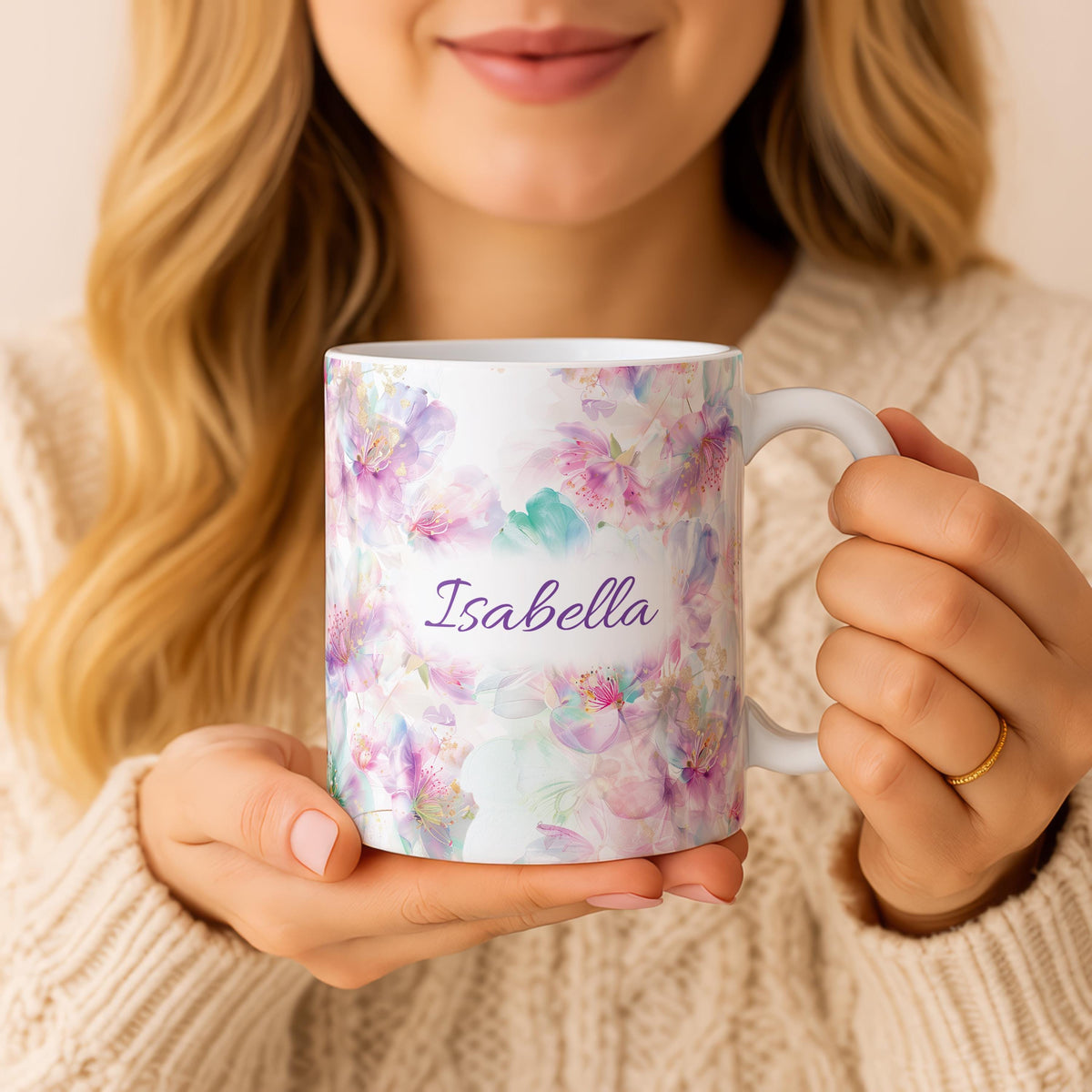 Custom Name Floral Mug, Watercolor Botanical Ceramic Coffee Cup