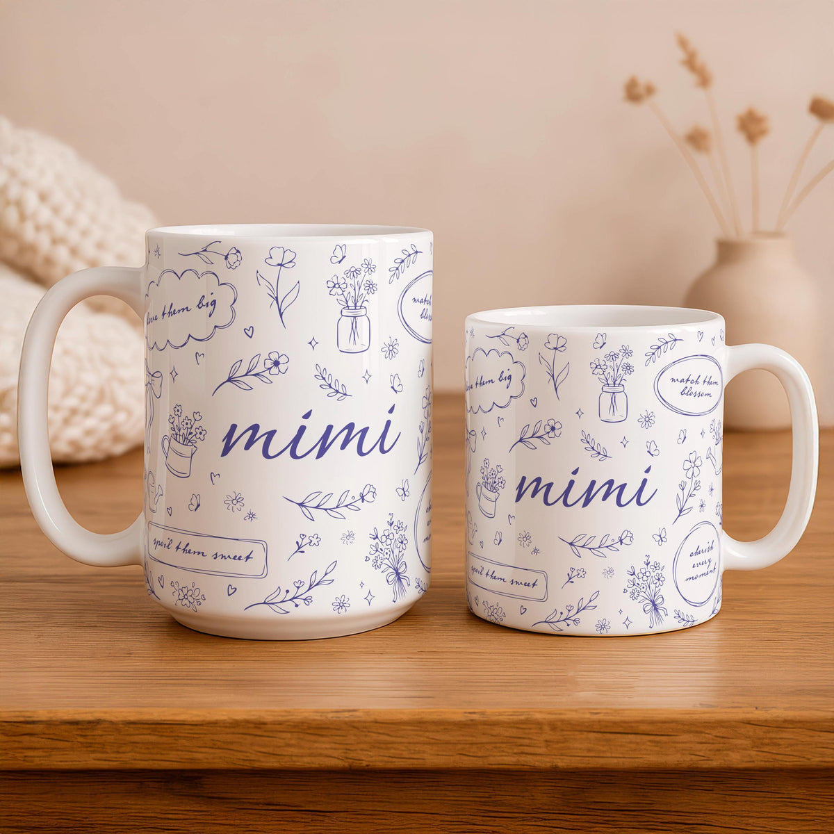 Mimi Floral Ceramic Mug, Botanical Coffee Cup, Grandma Gift, Mama Flower Pattern