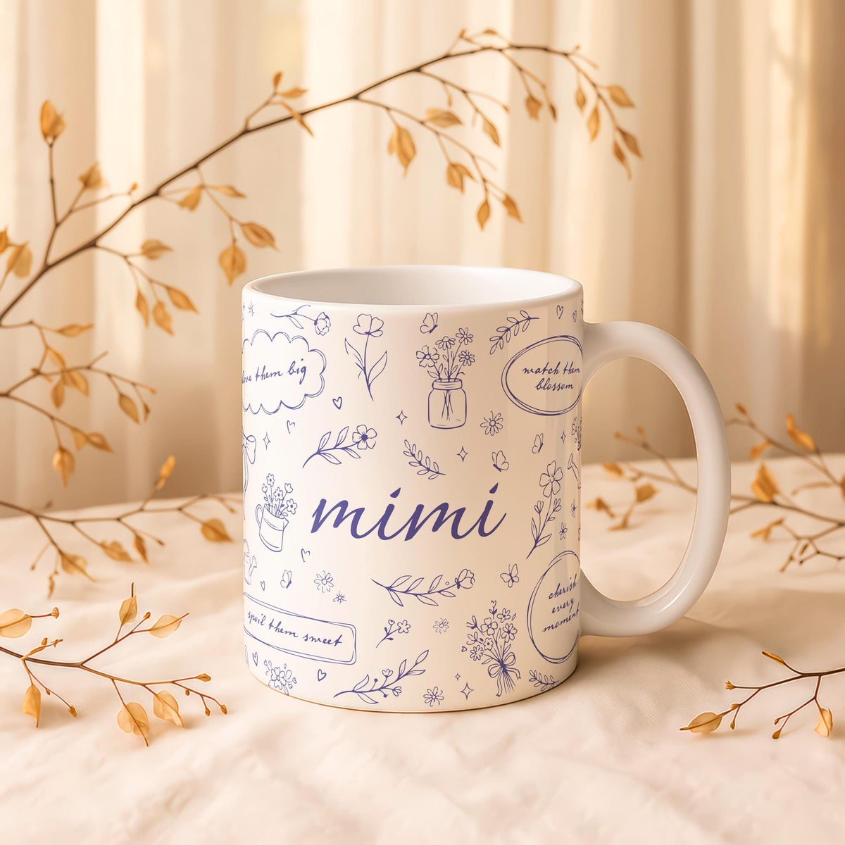 Mimi Floral Ceramic Mug, Botanical Coffee Cup, Grandma Gift, Mama Flower Pattern