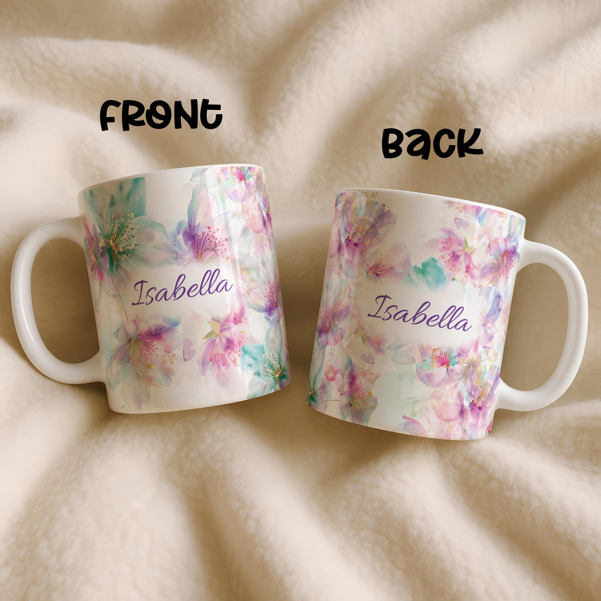 Custom Name Floral Mug, Watercolor Botanical Ceramic Coffee Cup