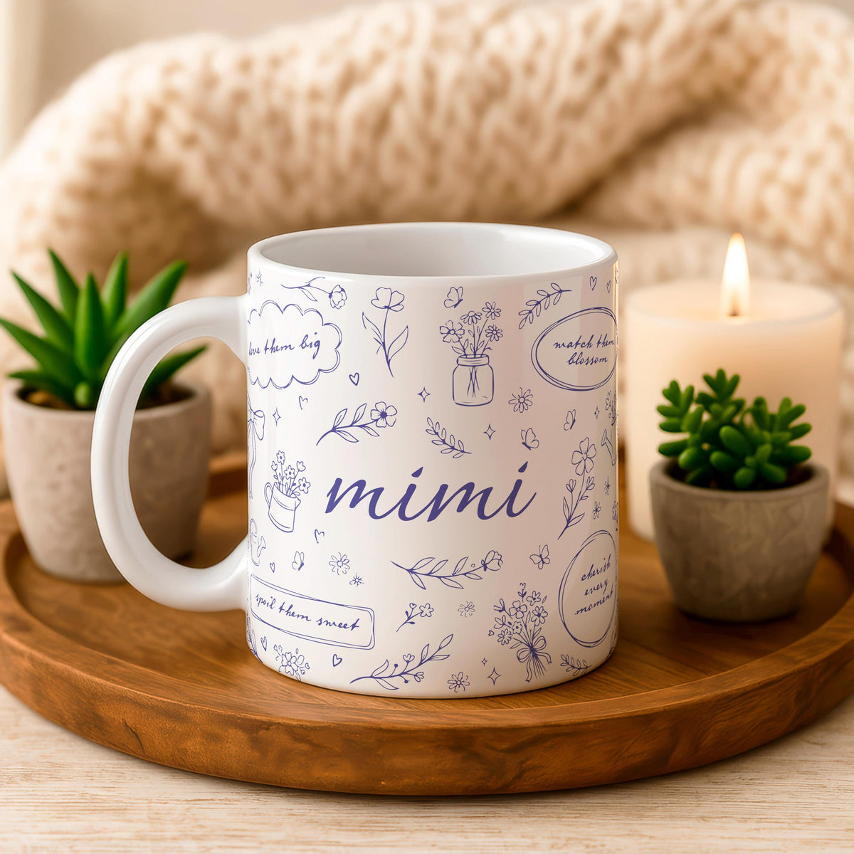 Mimi Floral Ceramic Mug, Botanical Coffee Cup, Grandma Gift, Mama Flower Pattern