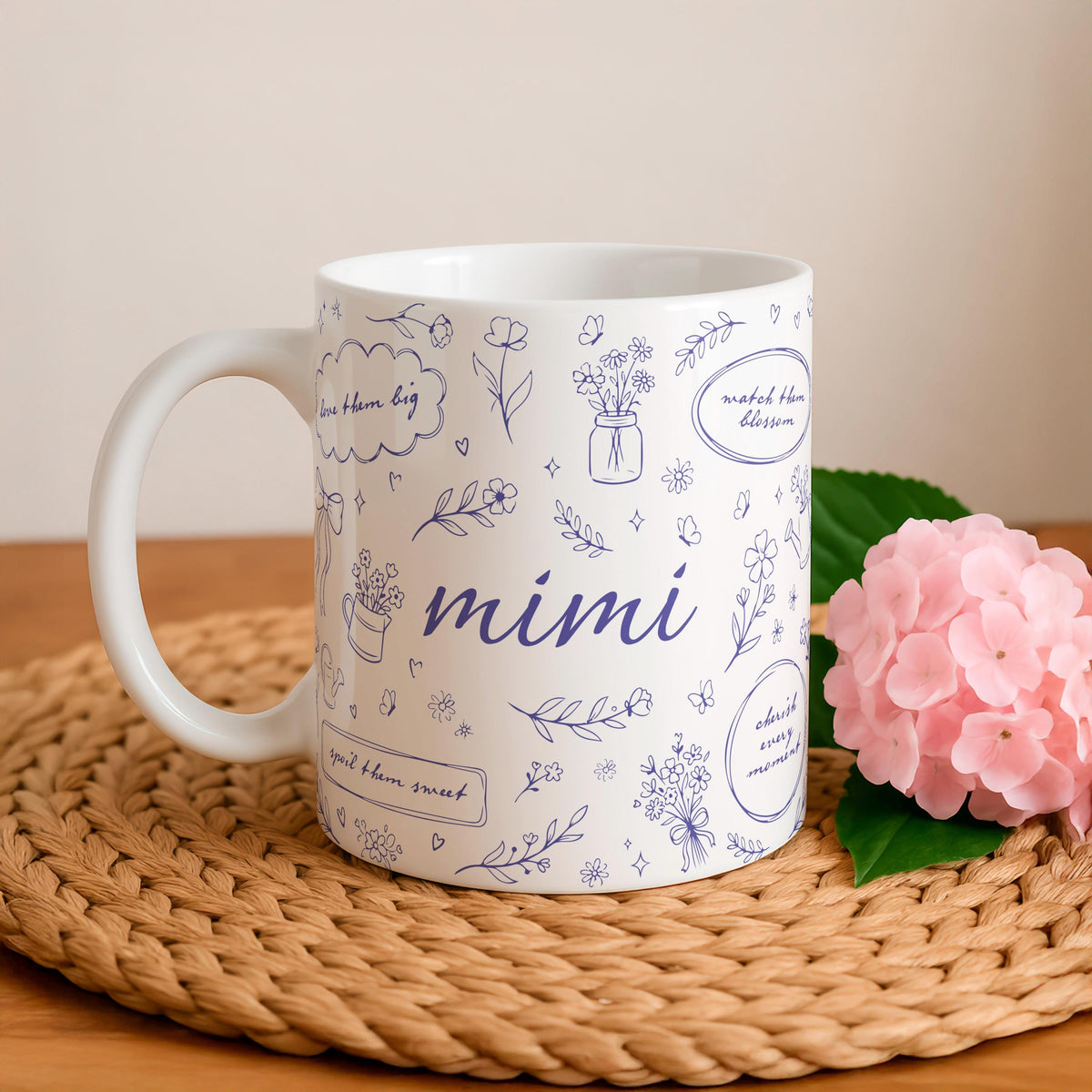 Mimi Floral Ceramic Mug, Botanical Coffee Cup, Grandma Gift, Mama Flower Pattern