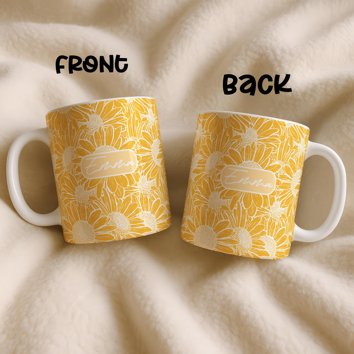 Personalized Sunflower Ceramic Mug, Custom Name Coffee Cup, Floral Pottery Gift