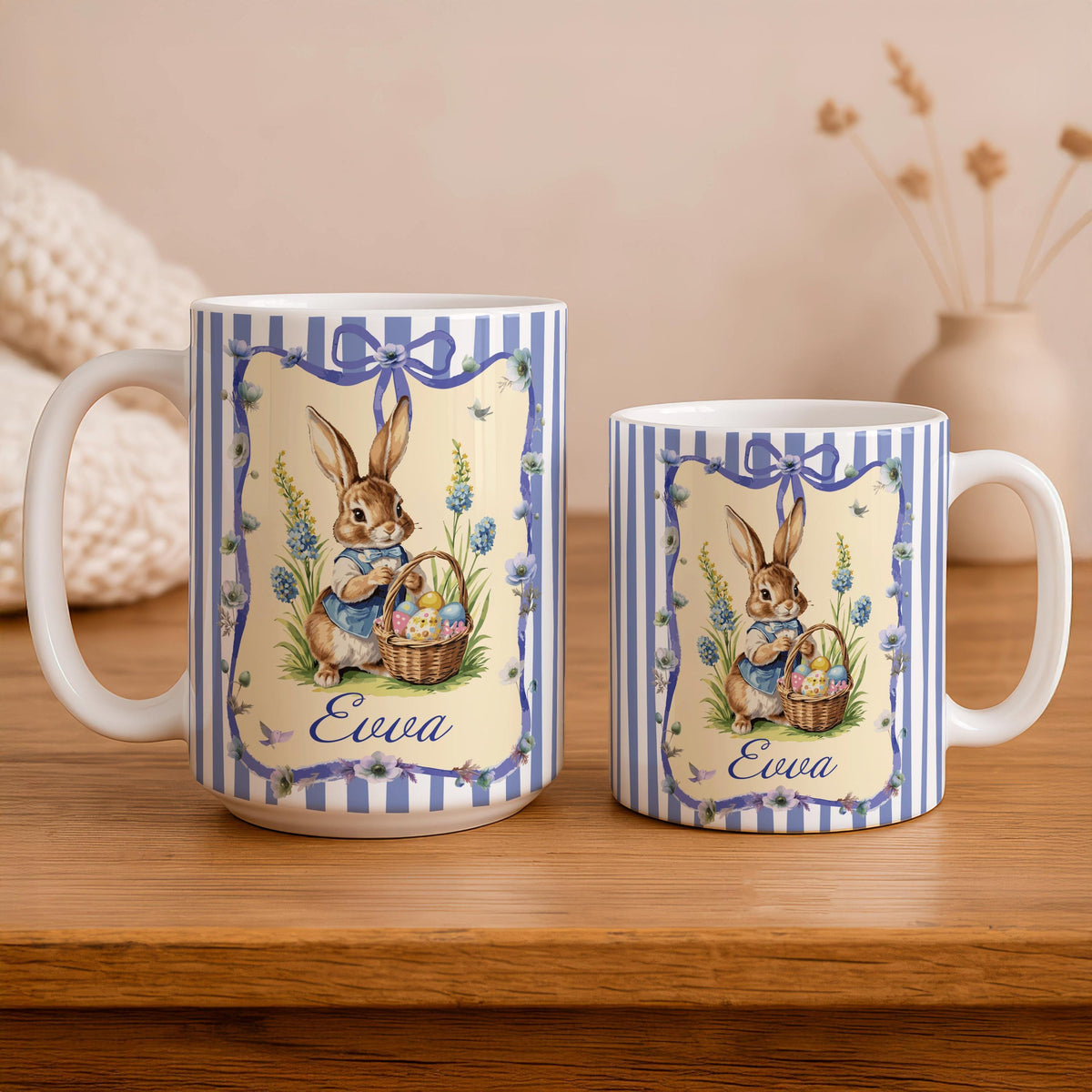 Personalized Easter Bunny Mug, Custom Name Rabbit Coffee Cup, Floral Spring Ceramic Tea Mug