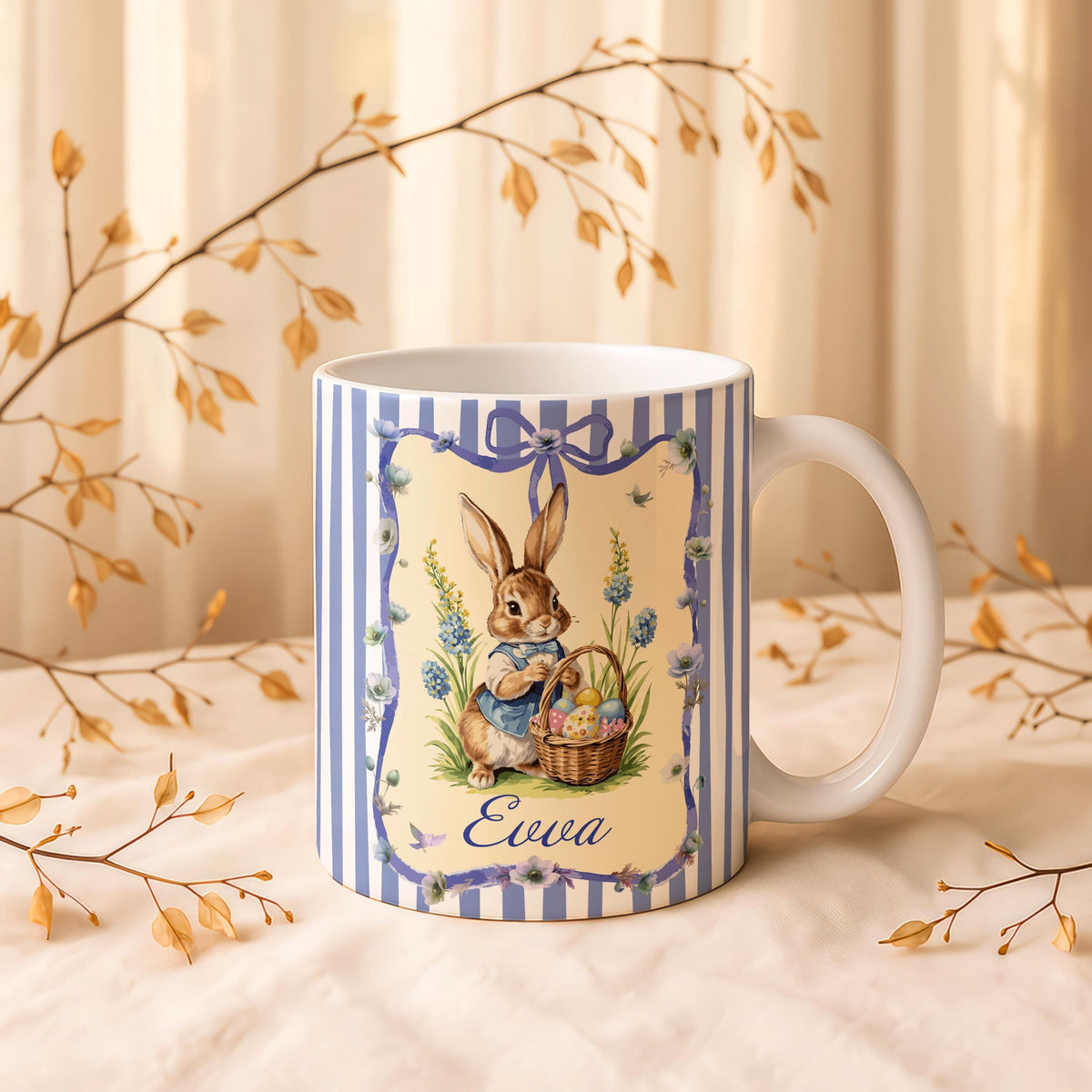 Personalized Easter Bunny Mug, Custom Name Rabbit Coffee Cup, Floral Spring Ceramic Tea Mug