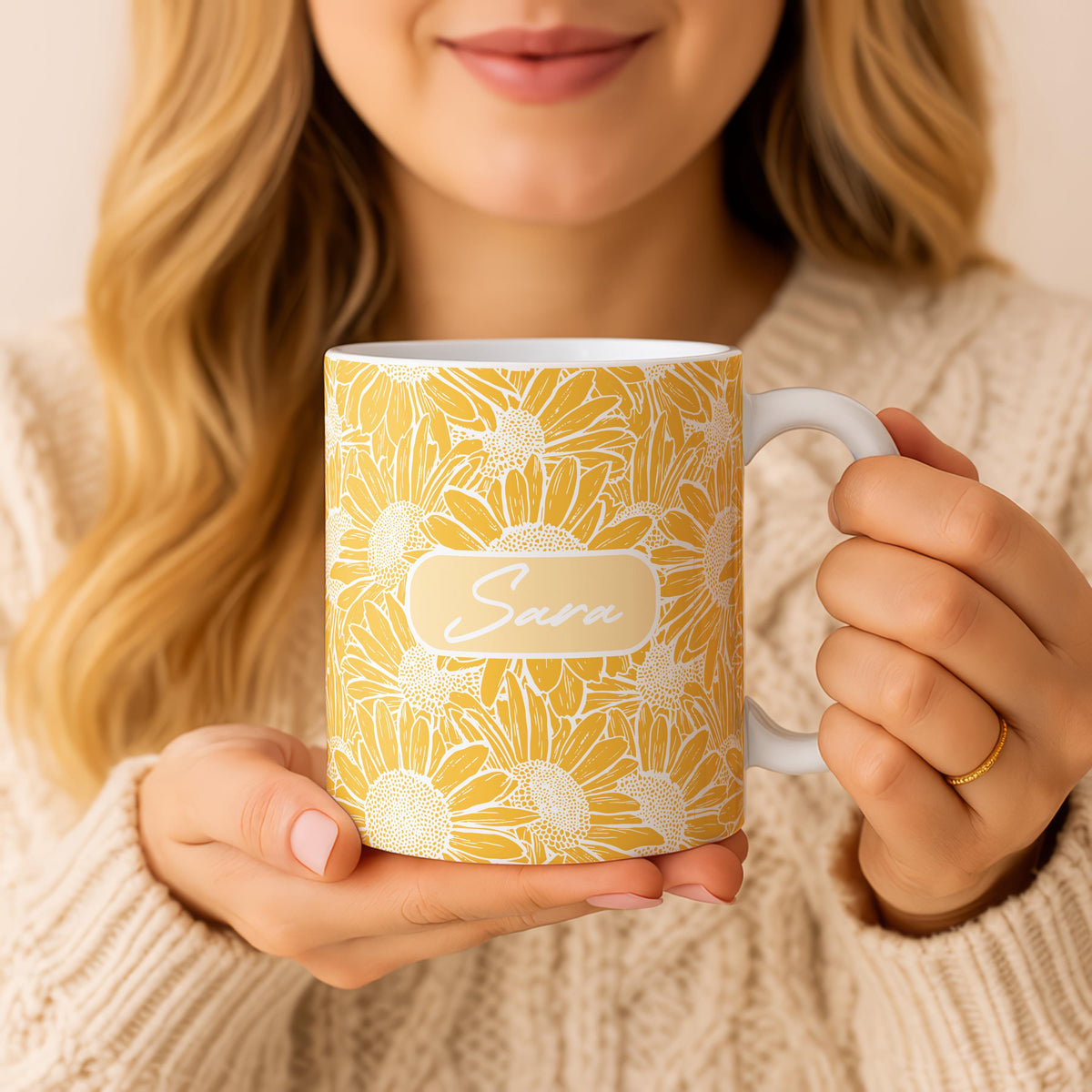 Personalized Sunflower Ceramic Mug, Custom Name Coffee Cup, Floral Pottery Gift