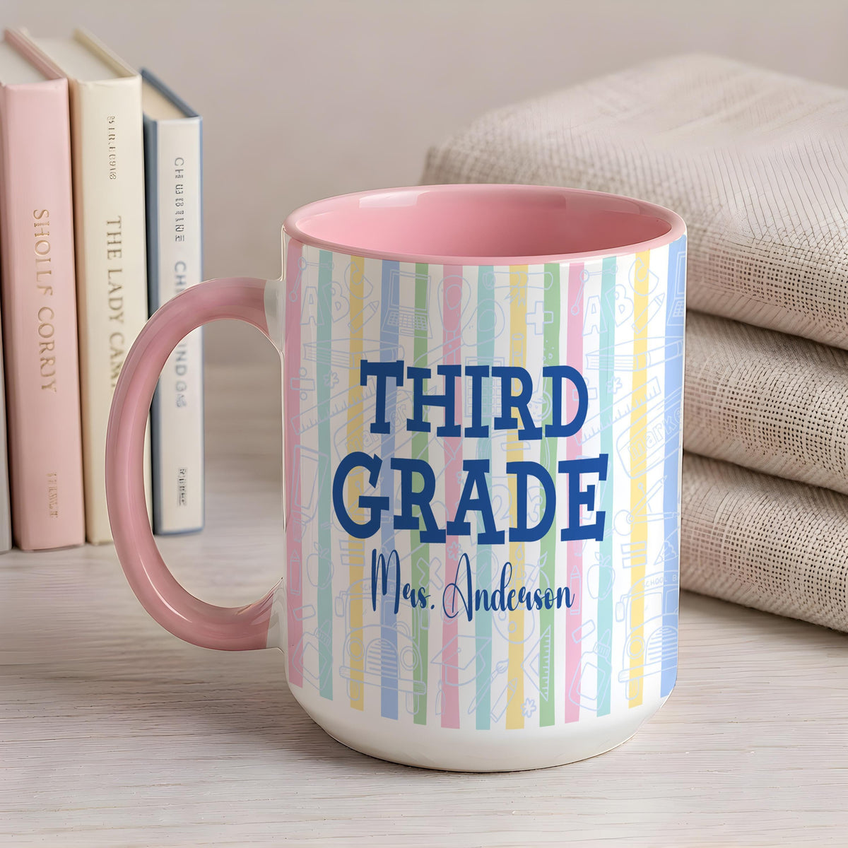 Personalized Teacher Mug, Custom Name Grade Level Coffee Cup, Colorful School Appreciation Gift