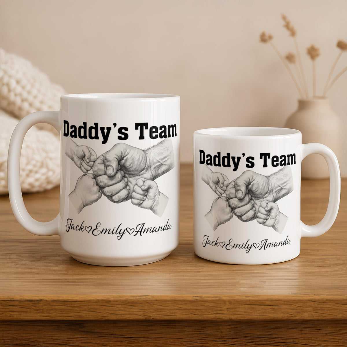 Personalized Daddy's Team Fist Bump Mug, Custom Dad Coffee Cup with Names