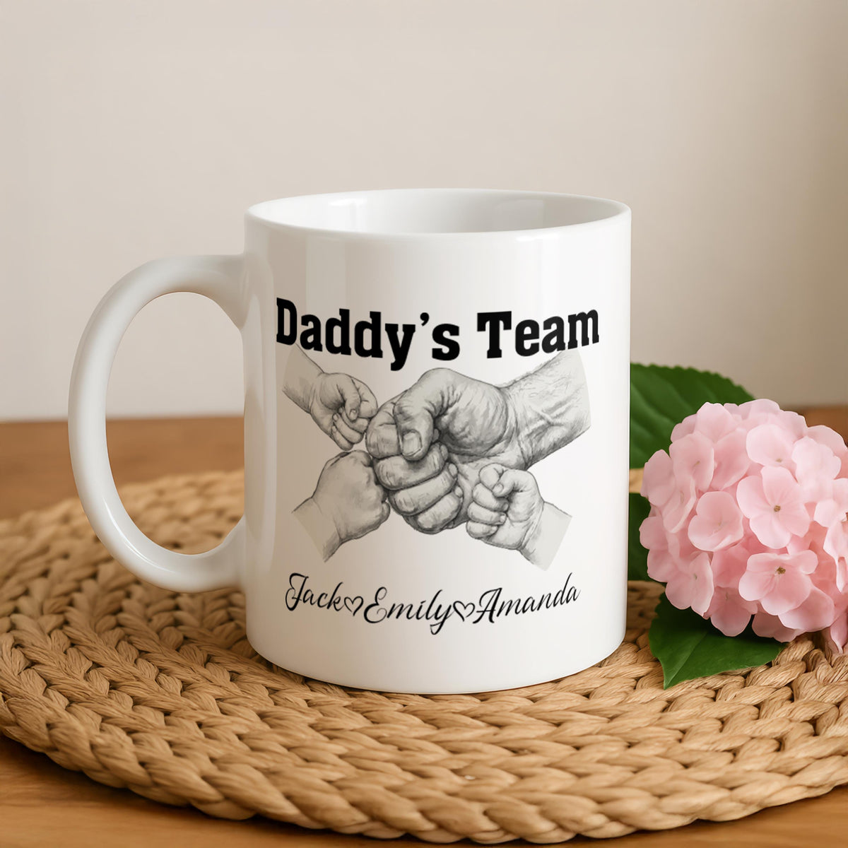 Personalized Daddy's Team Fist Bump Mug, Custom Dad Coffee Cup with Names