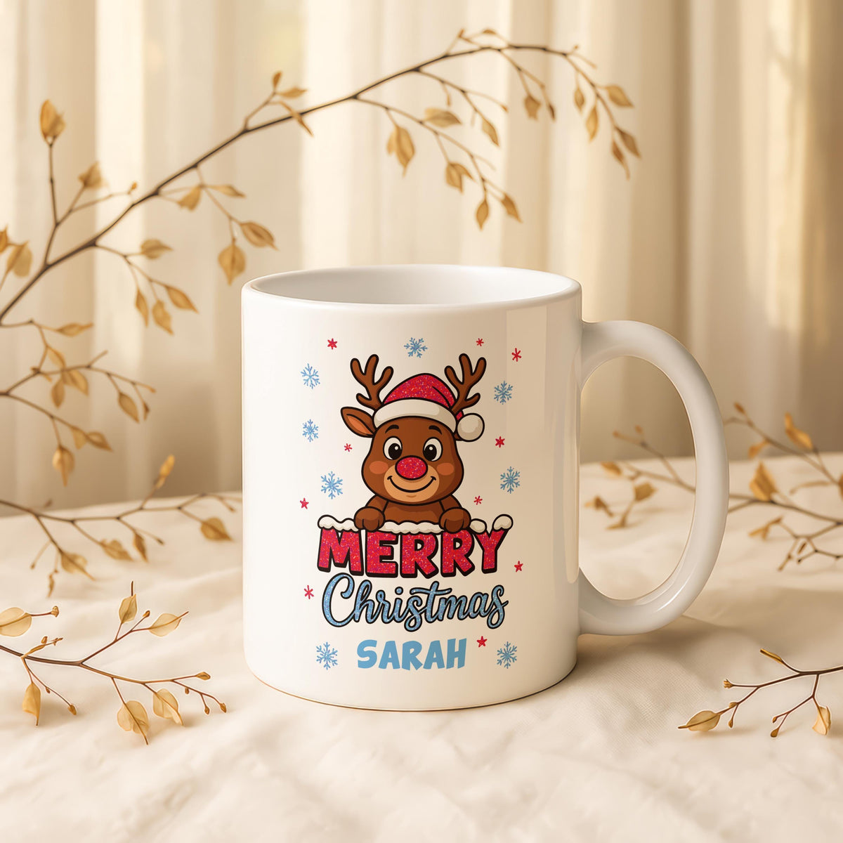 Personalized Christmas Reindeer Ceramic Mug, Custom Name Merry Coffee Cup