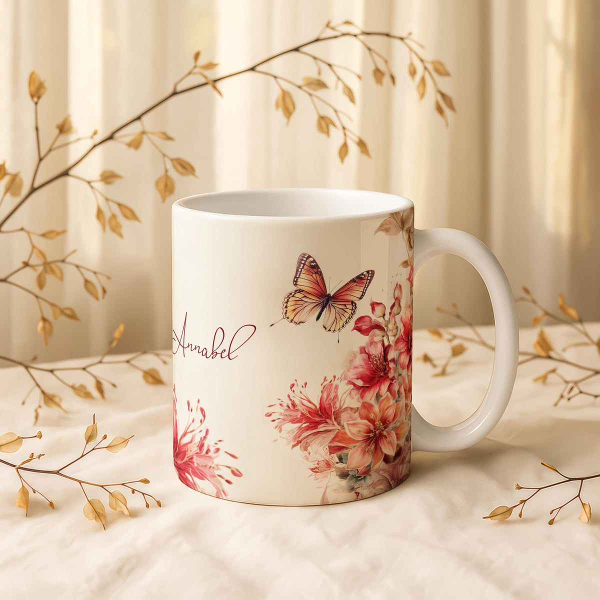 Personalized Floral Ceramic Mug, Watercolor Butterfly Tea Cup