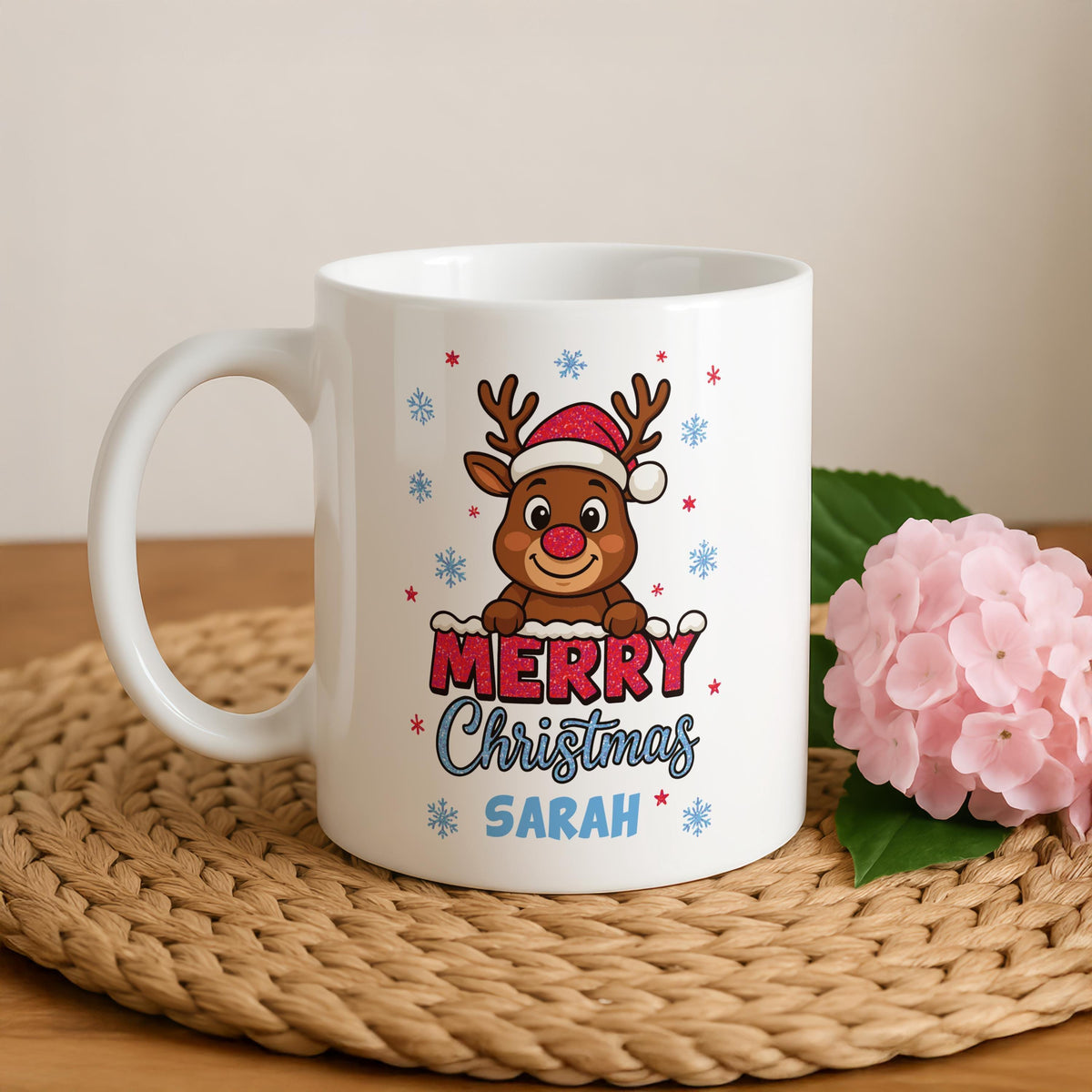 Personalized Christmas Reindeer Ceramic Mug, Custom Name Merry Coffee Cup