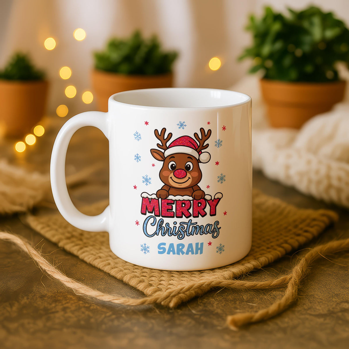 Personalized Christmas Reindeer Ceramic Mug, Custom Name Merry Coffee Cup