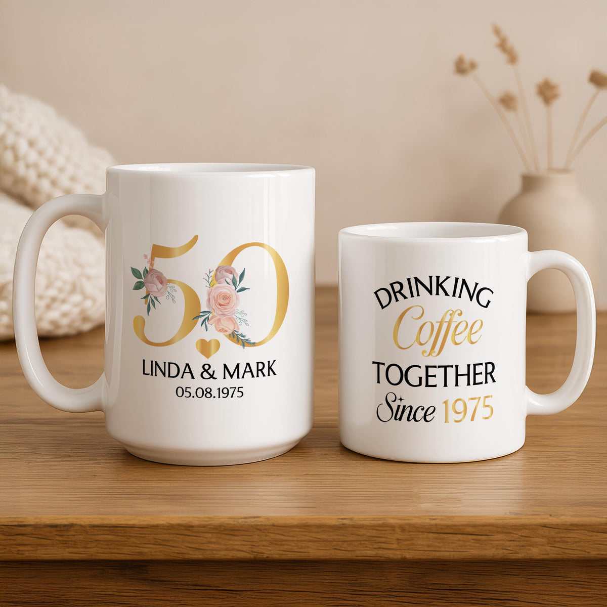 Personalized 50th Anniversary Ceramic Mug, Custom Couple Names, Floral Design