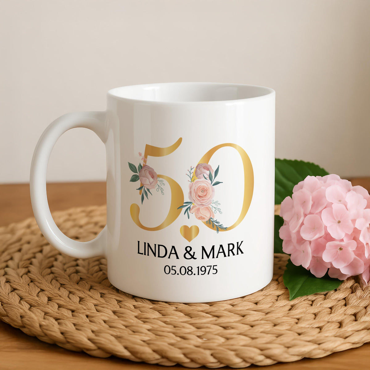 Personalized 50th Anniversary Ceramic Mug, Custom Couple Names, Floral Design