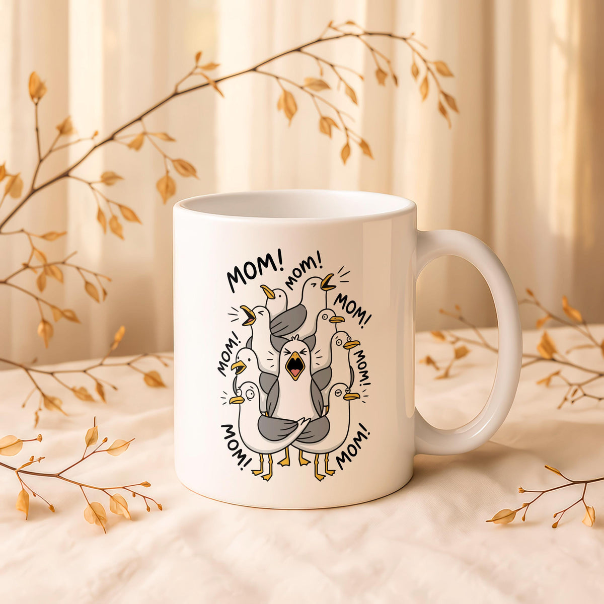 Funny Mom Mug, Birds Scream Coffee Cup, Ceramic Birthday Gift