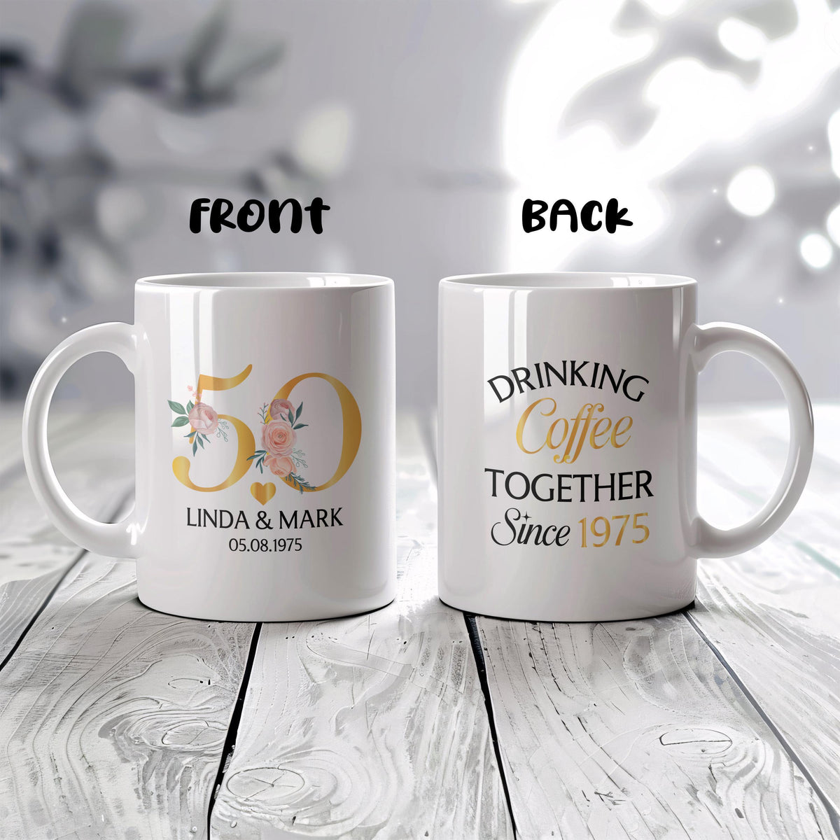 Personalized 50th Anniversary Ceramic Mug, Custom Couple Names, Floral Design