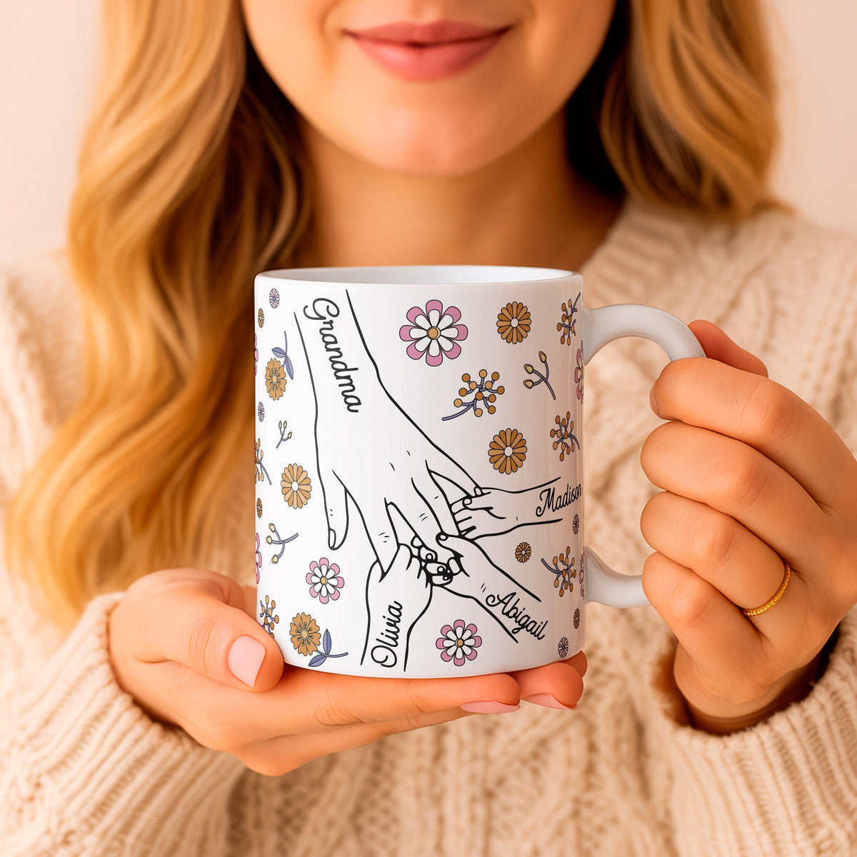 Personalized Grandma Floral Ceramic Mug, Custom Nana Coffee Cup
