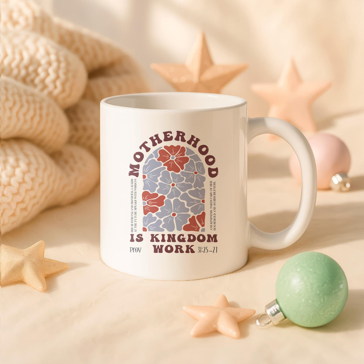 Motherhood Is Kingdom Work Mug, Christian Floral Bible Verse Ceramic Cup