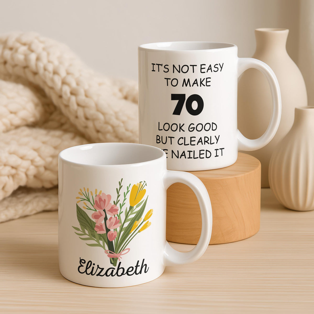 Personalized Floral 70th Birthday Ceramic Mug