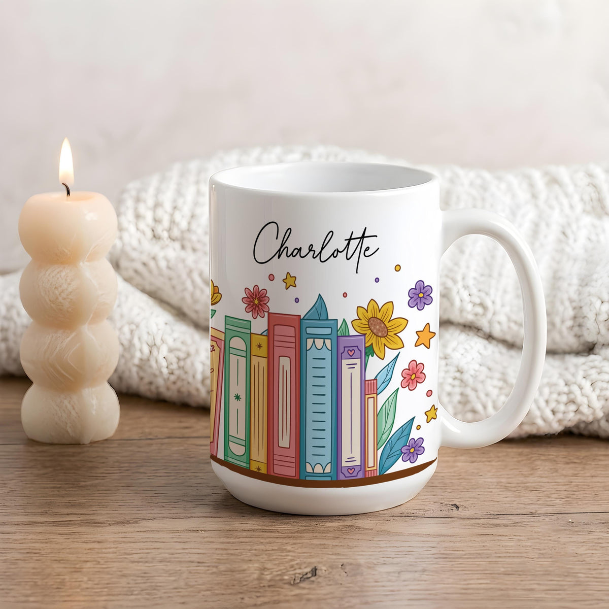 Personalized Name Ceramic Mug, Floral Bookish Coffee Cup, Bookworm Reader Gift