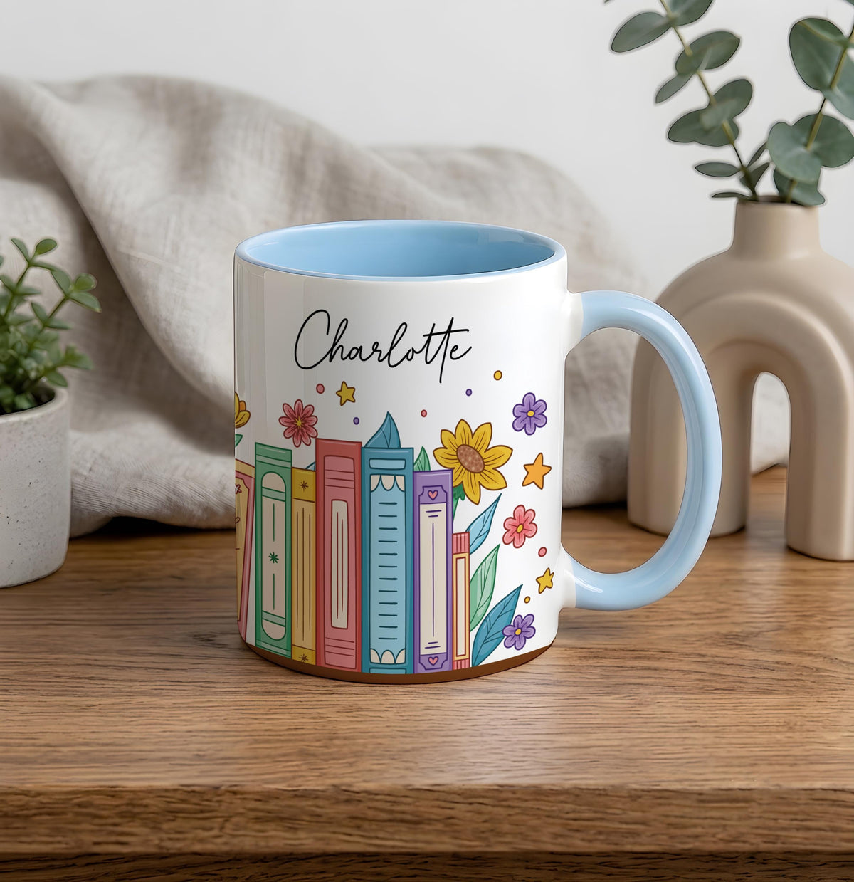 Personalized Name Ceramic Mug, Floral Bookish Coffee Cup, Bookworm Reader Gift