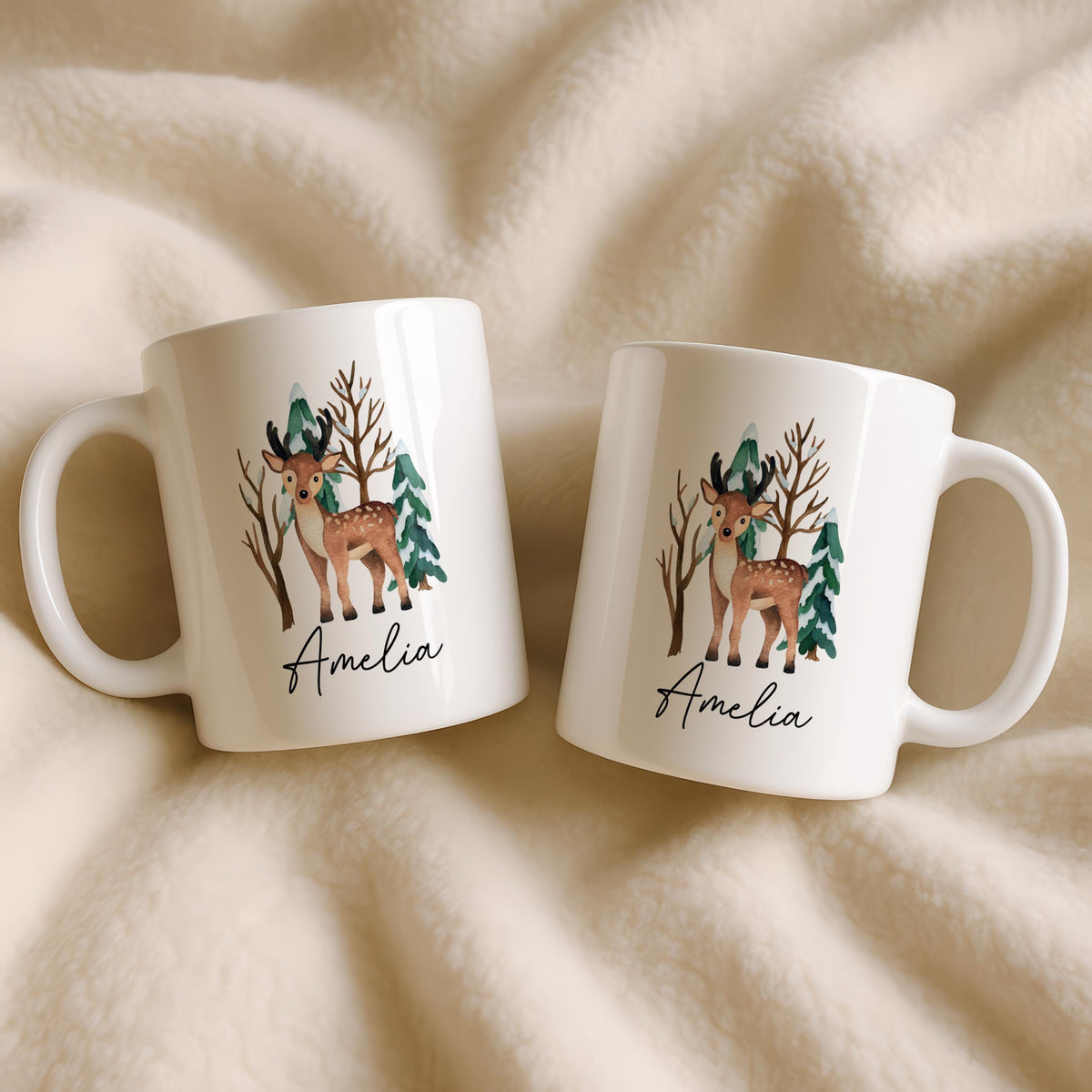 Personalized Woodland Deer Ceramic Mug, Forest Animal Tea Cup, Custom Name Pottery