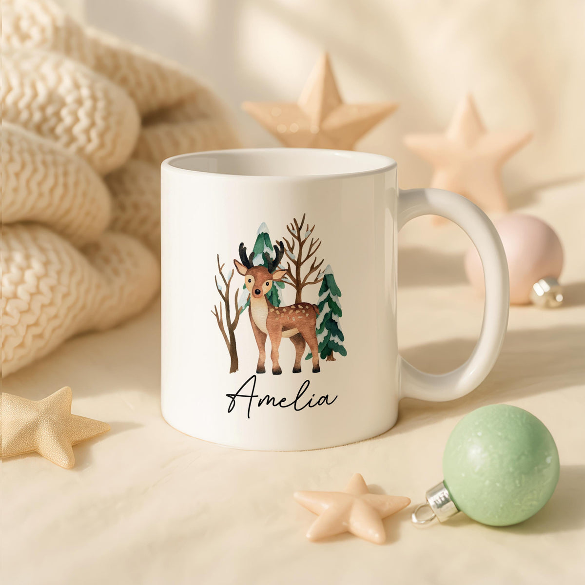 Personalized Woodland Deer Ceramic Mug, Forest Animal Tea Cup, Custom Name Pottery
