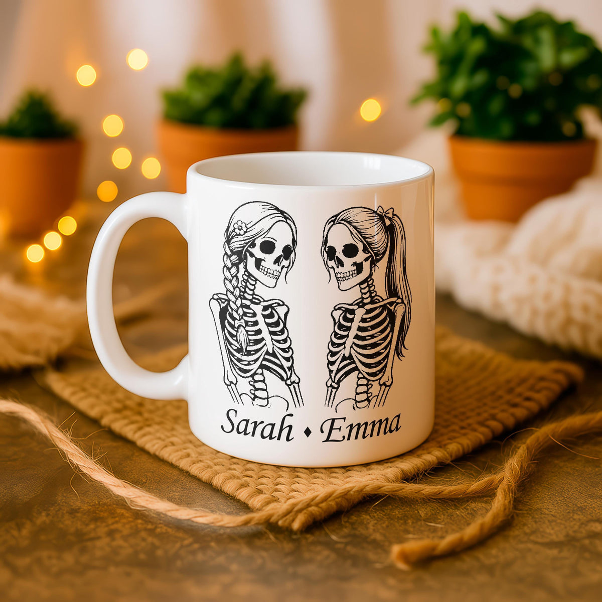 Skeleton Besties Ceramic Mug, Custom Friendship Coffee Cup, Gothic Tea Cup