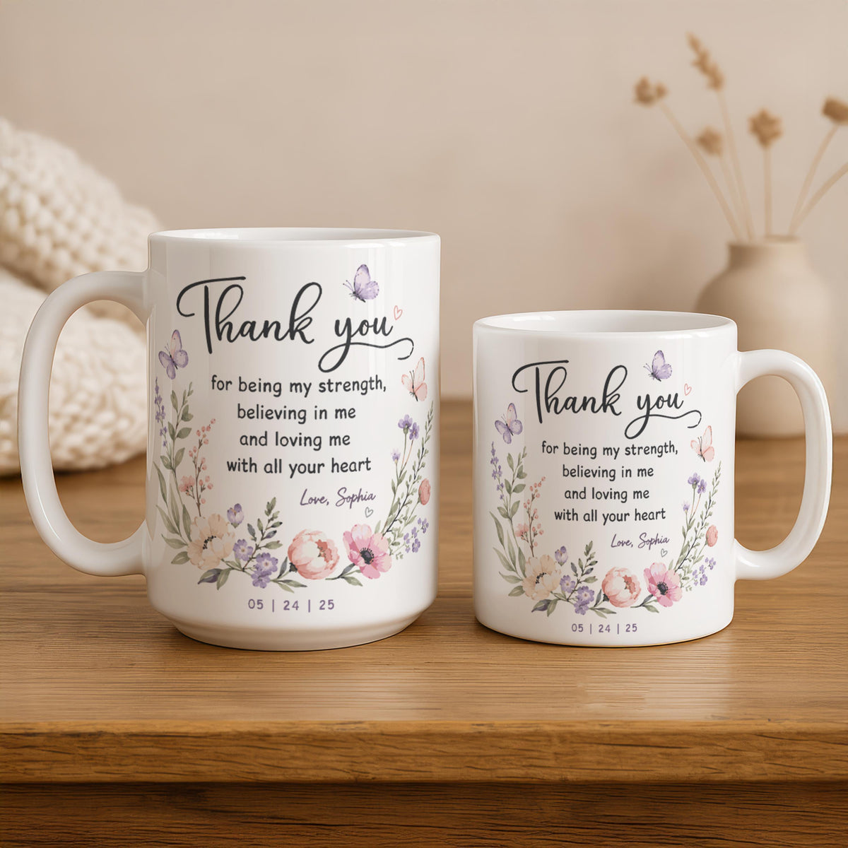 Personalized Floral Thank You Mug, Custom Name Coffee Cup, Mother's Day Gift