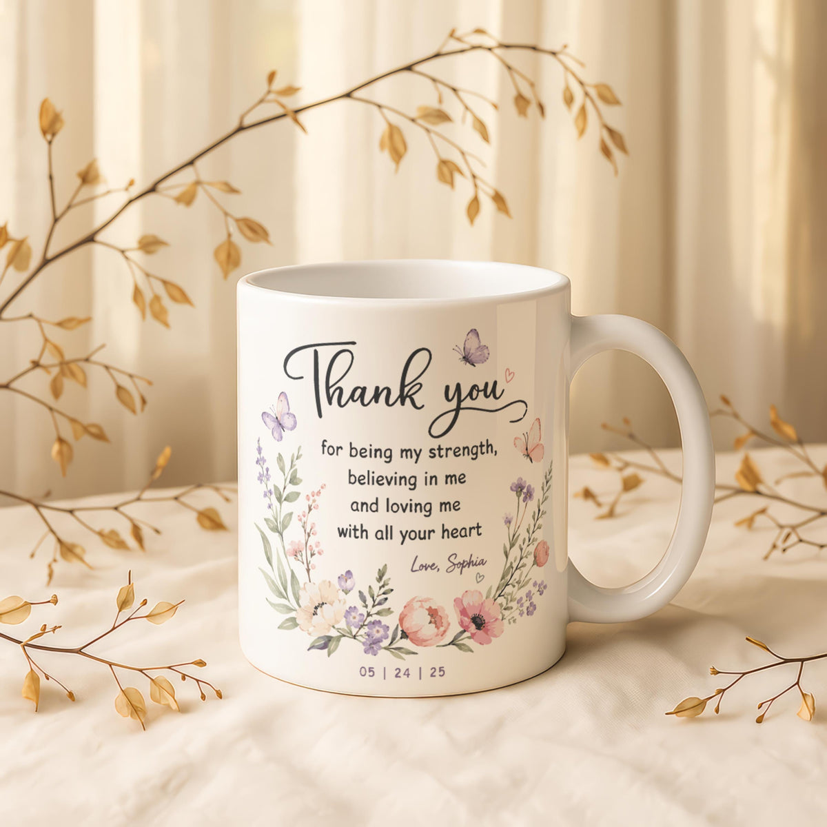Personalized Floral Thank You Mug, Custom Name Coffee Cup, Mother's Day Gift