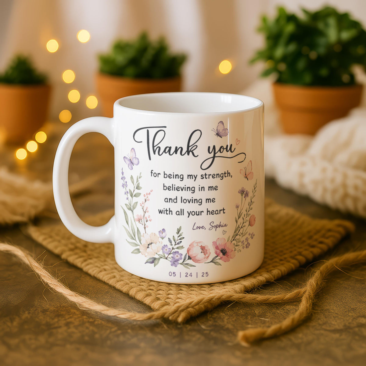 Personalized Floral Thank You Mug, Custom Name Coffee Cup, Mother's Day Gift
