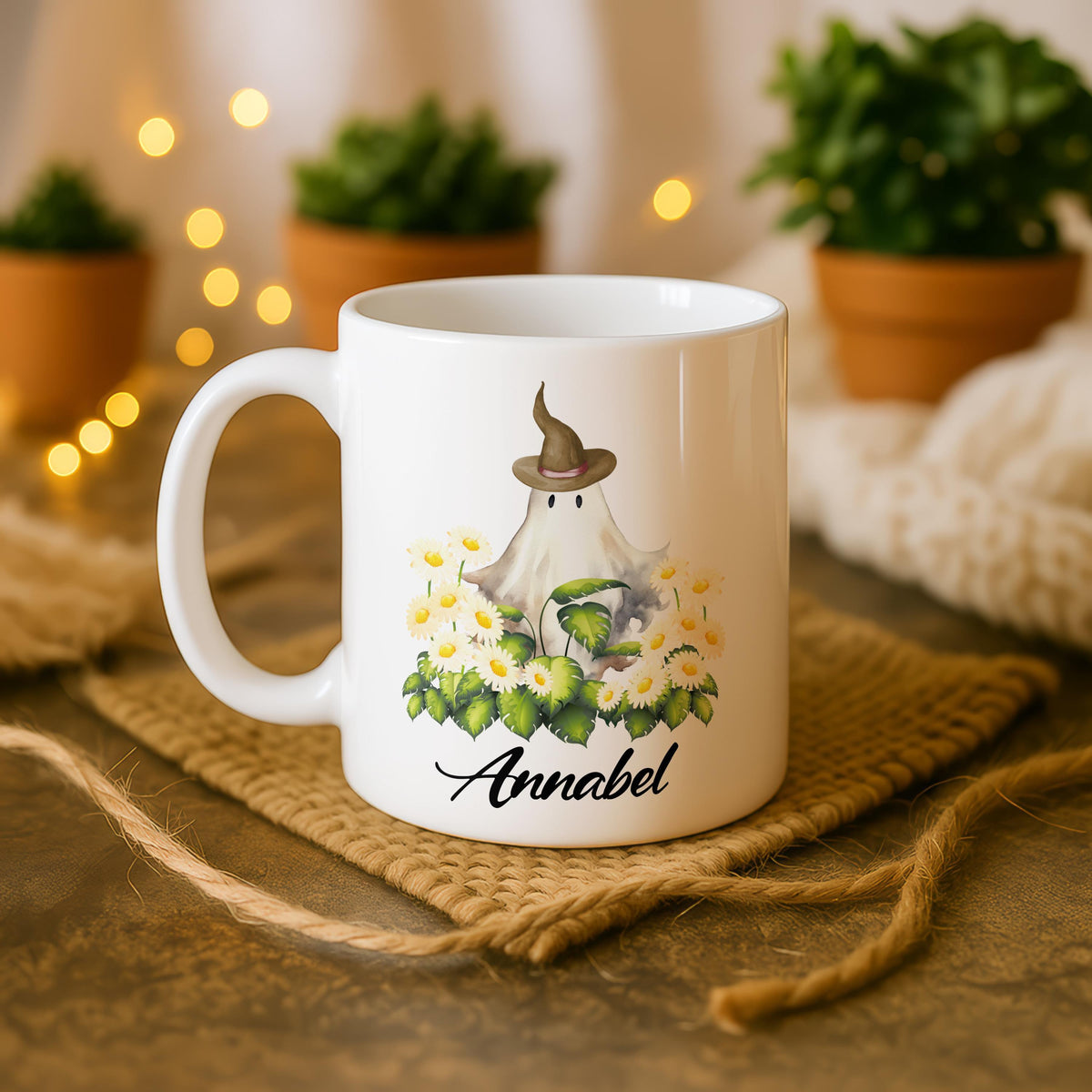 Personalized Ghost Floral Ceramic Mug, Custom Name Spooky Season Tea Cup