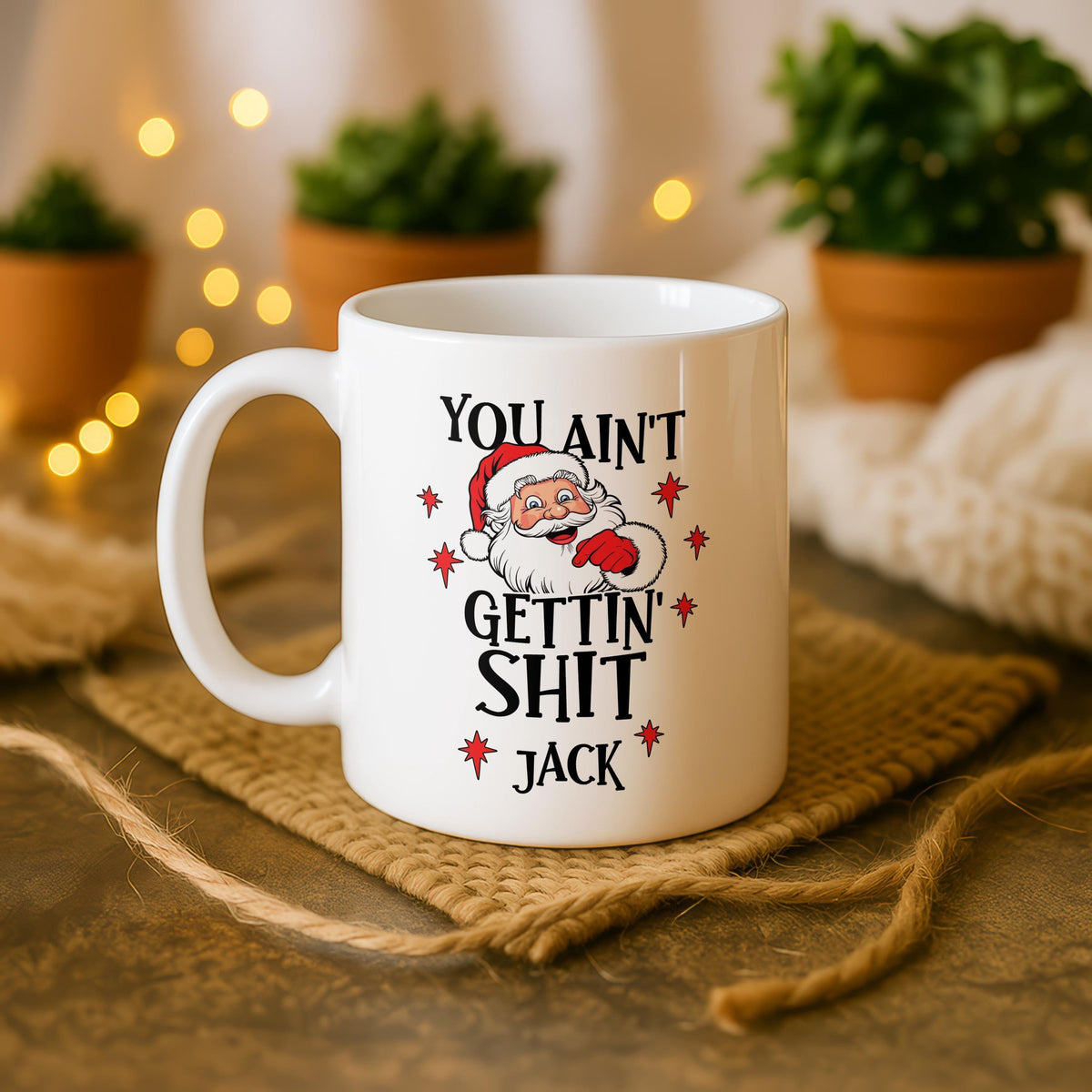 Funny Santa Christmas Mug, Custom Name Coffee Cup, Rude Xmas Gift