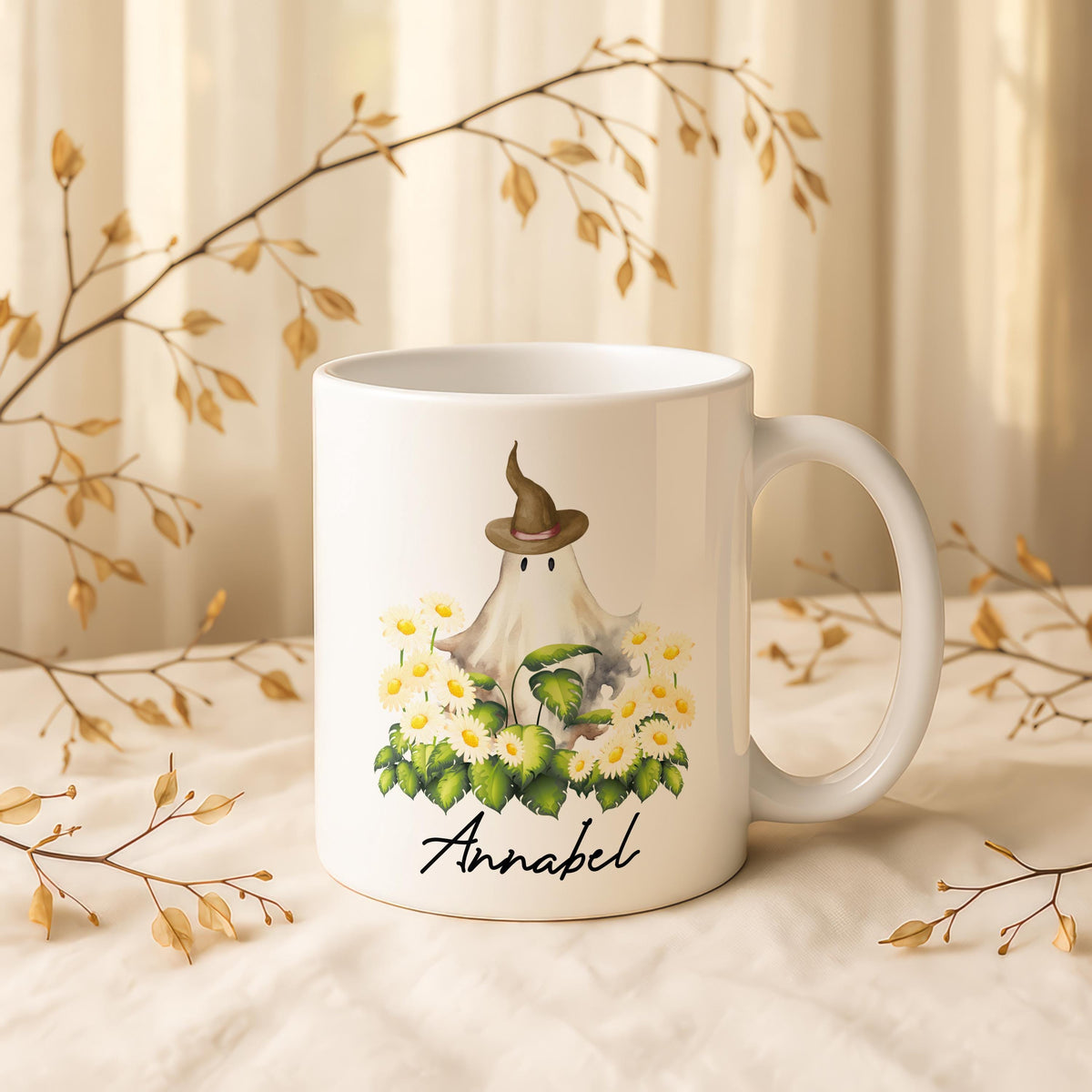 Personalized Ghost Floral Ceramic Mug, Custom Name Spooky Season Tea Cup