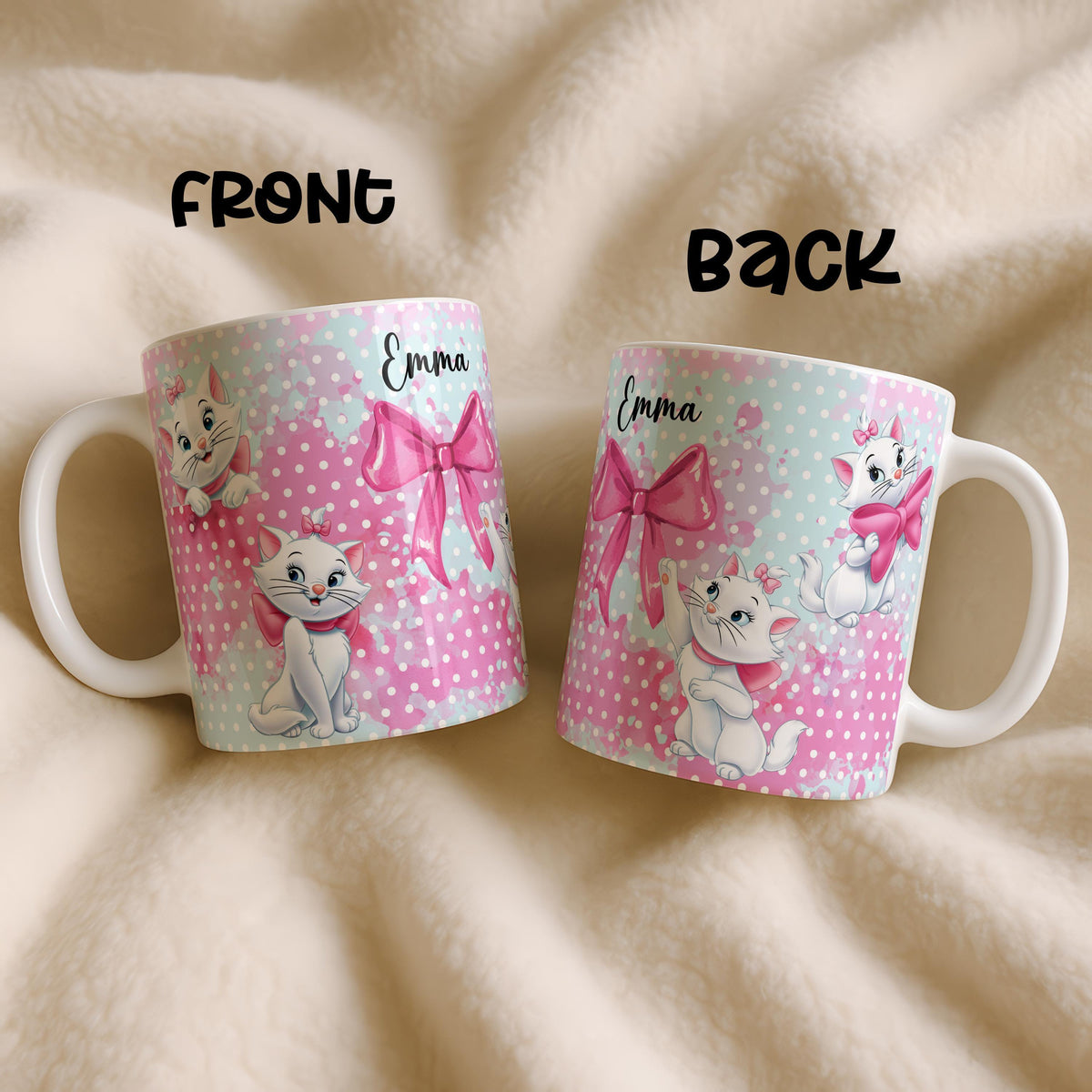 Personalized Cat Mug, Custom Name, Pink Bow, Ceramic Coffee Cup (11oz/15oz)
