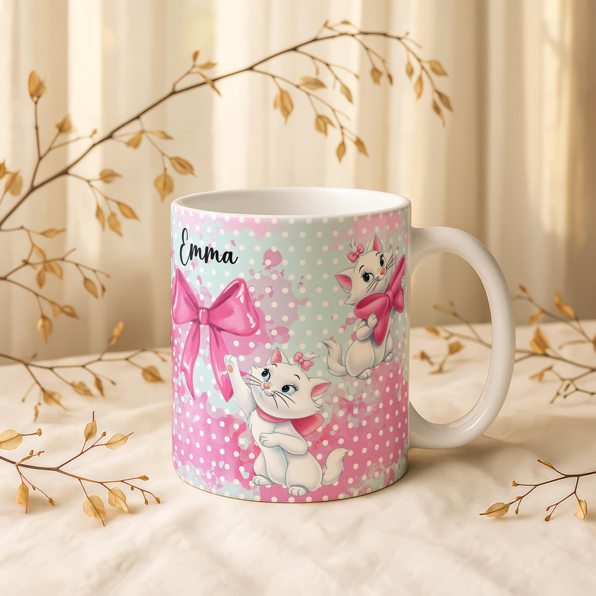 Personalized Cat Mug, Custom Name, Pink Bow, Ceramic Coffee Cup (11oz/15oz)