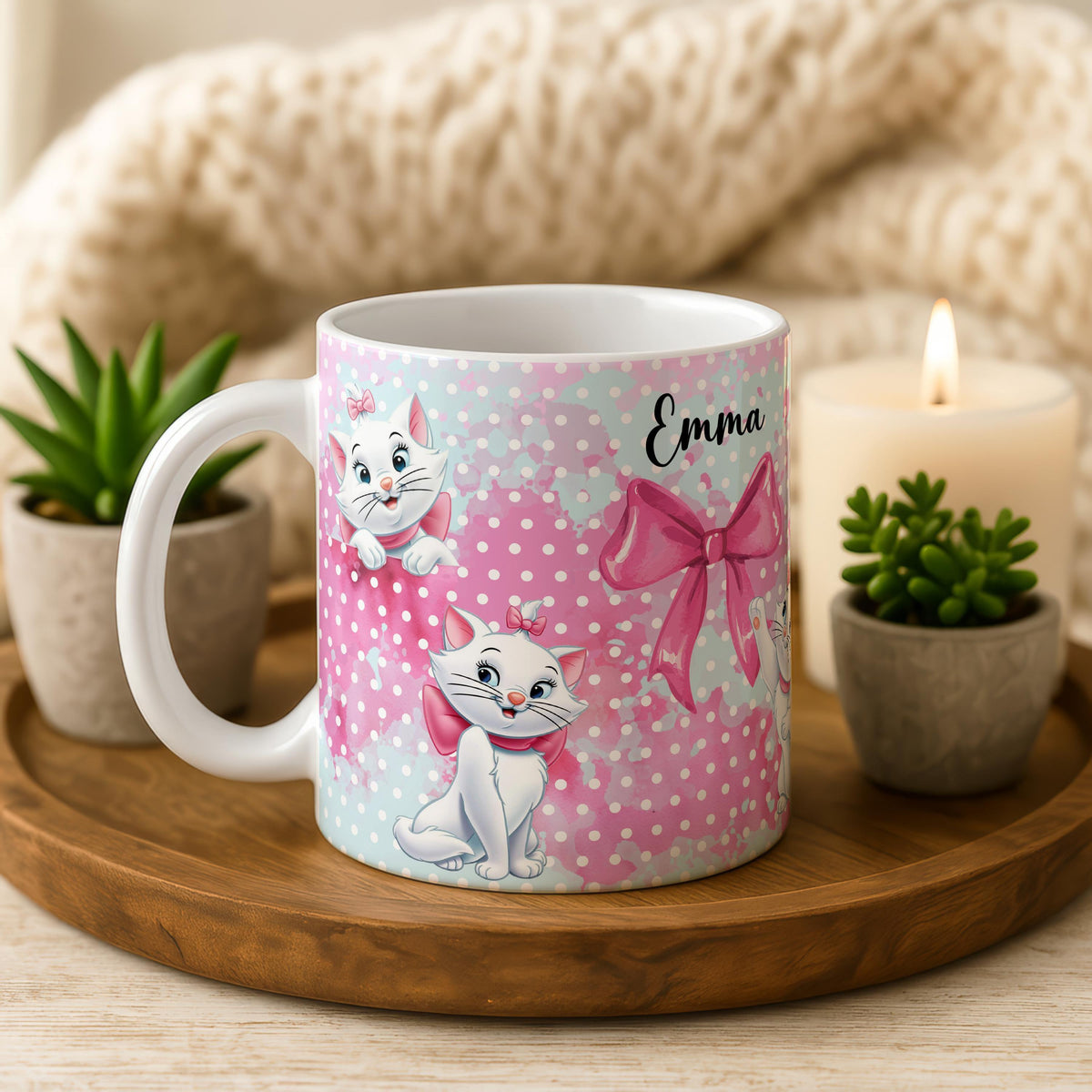 Personalized Cat Mug, Custom Name, Pink Bow, Ceramic Coffee Cup (11oz/15oz)