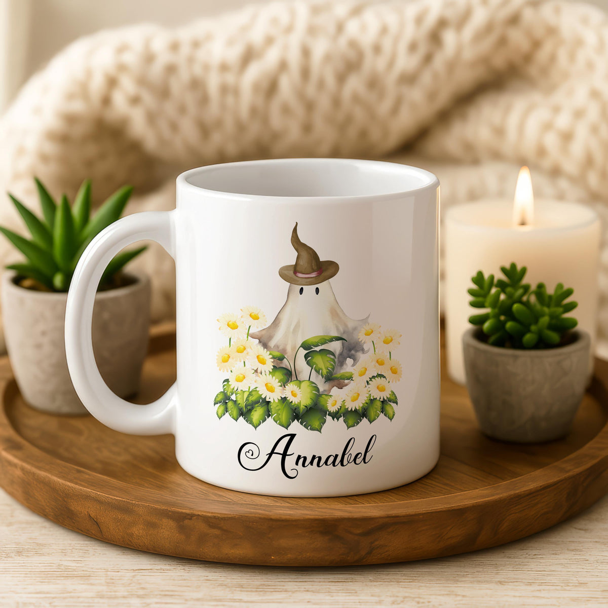 Personalized Ghost Floral Ceramic Mug, Custom Name Spooky Season Tea Cup