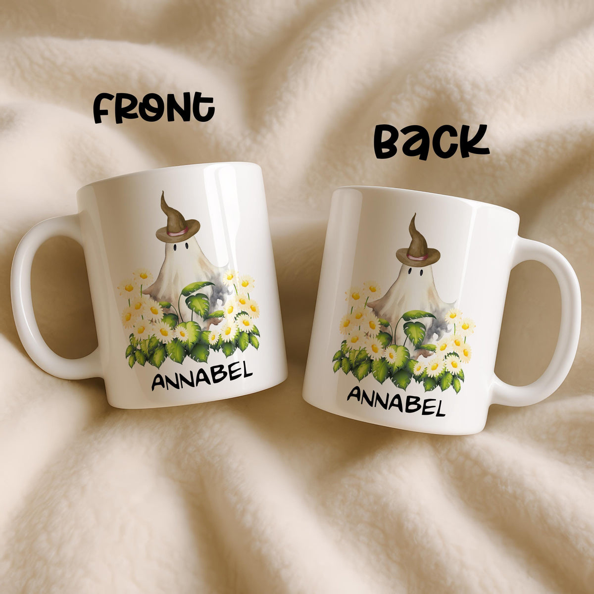 Personalized Ghost Floral Ceramic Mug, Custom Name Spooky Season Tea Cup