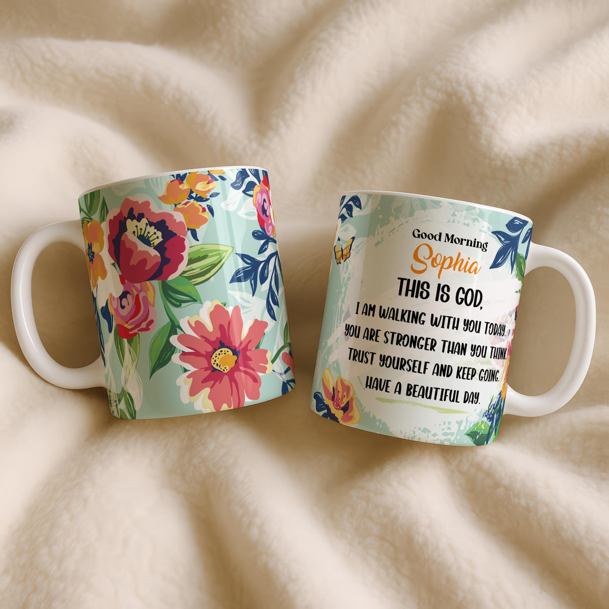 Personalized Floral Christian Coffee Mug, Inspirational Faith Cup