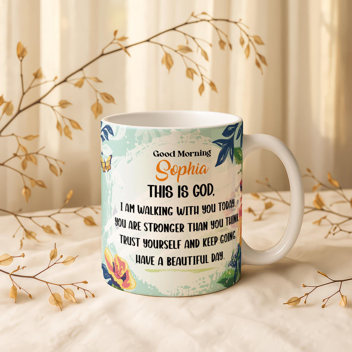 Personalized Floral Christian Coffee Mug, Inspirational Faith Cup